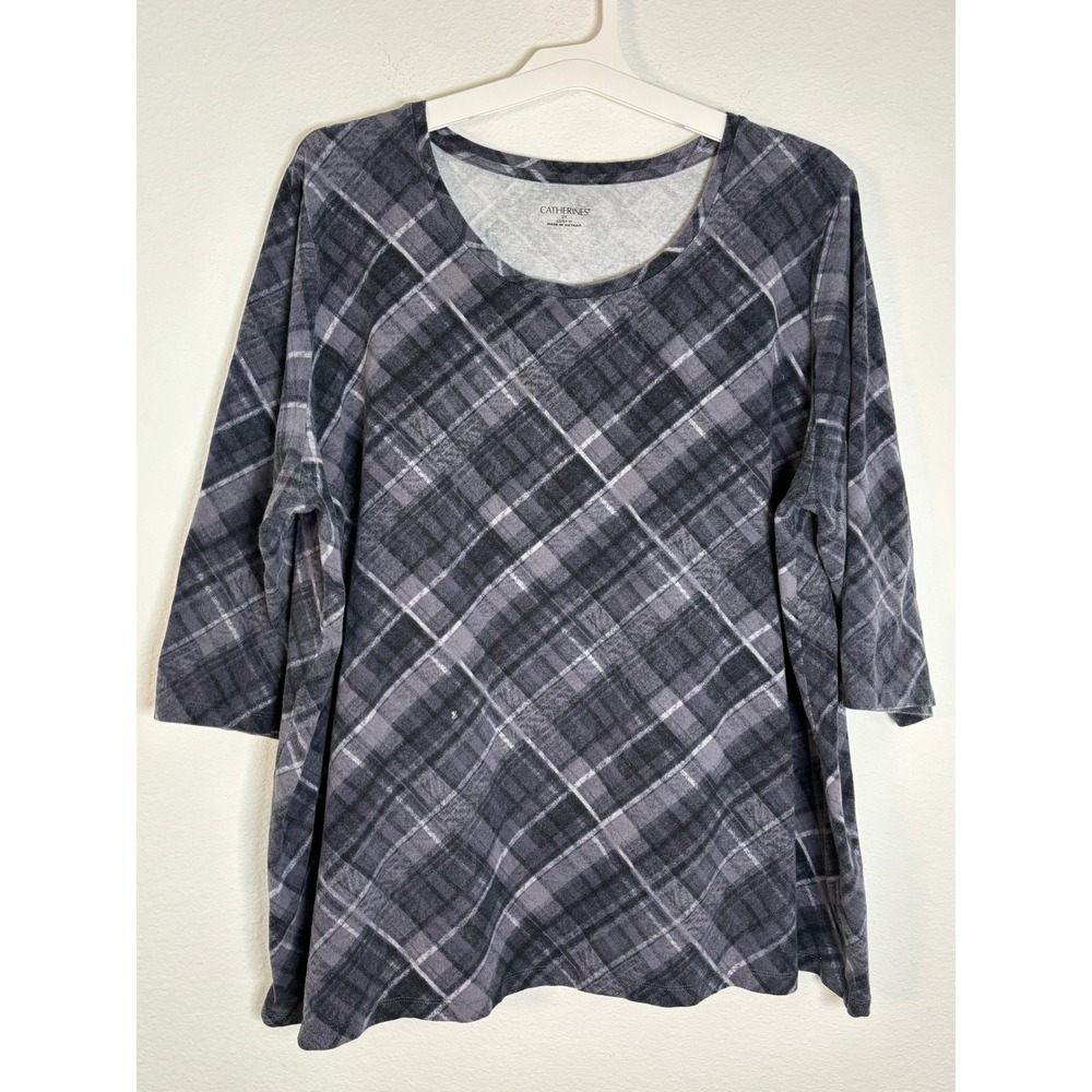 Catherines 2X Plus Size Grey Black Plaid Scoop Neck 3/4 Sleeve Knit Top 22/24W